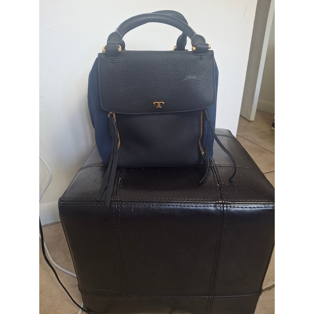 Tory Burch Half-Moon Satchel Navy Blue Suede Black Pebbled Leather Handbag